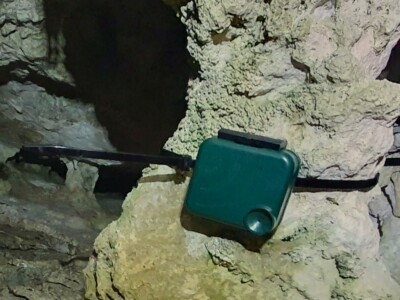 Audiomoth placed in a cave for recording the presence of storm petrels