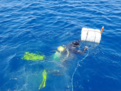 Το υδρόφωνο κρέμεται από ένα πλεούμενο κουτί.