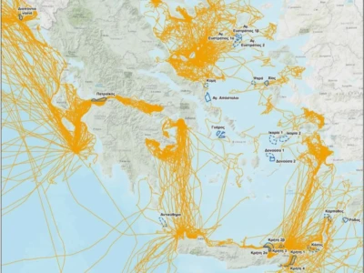 The map shows the movements of the shearwaters equipped with telemetric transmitters from various colonies in Greece.